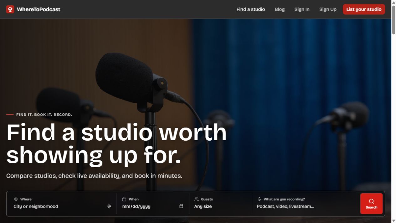 Actual WhereToPodcast homepage screenshot
